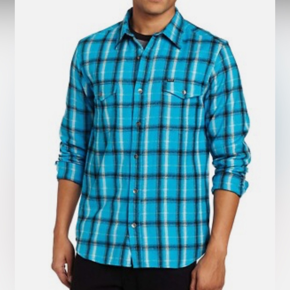 Hurley Carrier Cyan Blue Plaid Long Sleeve Flannel Shirt - Unisex Medium